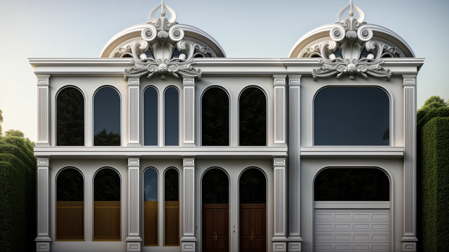 arafed white house with a car parked in front of it, neo - classical style, classicism style, classical style, rich house, exterior design, stunning grand architecture, elegant architecture, luxury architecture, neoclassical style, beatiful house, magnificent design, exquisite architecture, neo - classical, neo-classical, classicism artstyle, beautiful architecture, front perspective, 1 road runs in front of the house, (RAW photo, real, best quality, masterpiece:1.2), look morden minimalist, 1 road in front of the house, shime ring light, light brighteness from indoor:1.2, dynamic lighting:1.3, (hyper realistic, photo-realistic:1.2), high quality, day lighht, hight contrast :0.5 perfect lighting, archdaily, award winning contemporary, contemporary masterpiece, well-designed masterpiece, large modern residence, supper detail, utral detail, auto syn