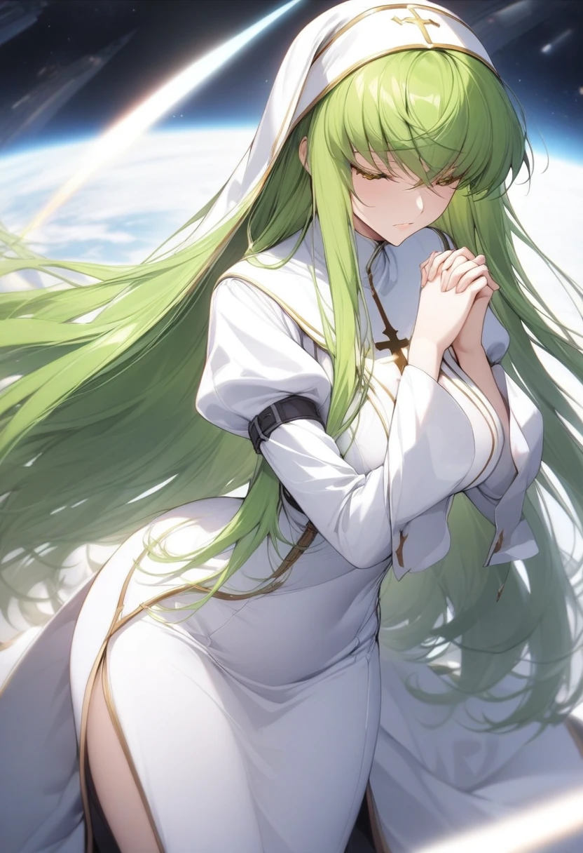 masterpiece, best quality, very aesthetic, absurdres, 1girl, mature_lady,nun_clothes,black_and_white_clothes, nun_headcovering crucifix, praying, interlocked fingers,closed_eyes,head down,holy_light ,,c.c(code_geass), 1girl, crossed_bangs, eyes_visible_through_hair, green_hair, medium_breasts, straight_hair, very_long_hair, yellow_eyes,,in space,blur background,background defocus,