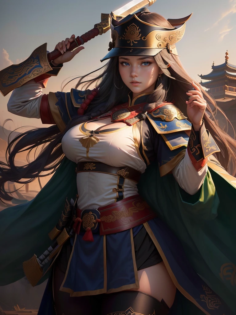 a woman with a bow and a bow in his hand, guan yu, bian lian, naranbaatar ganbold, inspired by Cao Zhibai, inspired by Hu Zaobin, inspired by Fan Kuan, inspired by Li Kan, mongol, inspired by Huang Shen, by Qu Leilei, inspired by Jang Seung-eop, a close up of a girl with a sword and a hat, guan yu, inspired by Hu Zaobin, naranbaatar ganbold, masamune shiro, bian lian, mongol, masamune, feng shu, inspired by Cao Zhibai, inspired by Huang Ding, genghis khan, inspired by Huang Shen, zhao yun, Highly detailed CG unit 8k wallpaper, masterpiece, High resolution, highest quality, highest quality real texture skin, Super Real, Digital Painting, Best image quality, 最High resolution, 8k, ((Highly detailed eyes and face, Beautiful eyes every detail)), 1girl, Full Body Shot, 1girl, Saggy breasts, Gravity-dependent breasts, long chest, Heavy chest, disproportionate breasts, huge breasts, sagging breasts, gigantic breasts, erect nipple,