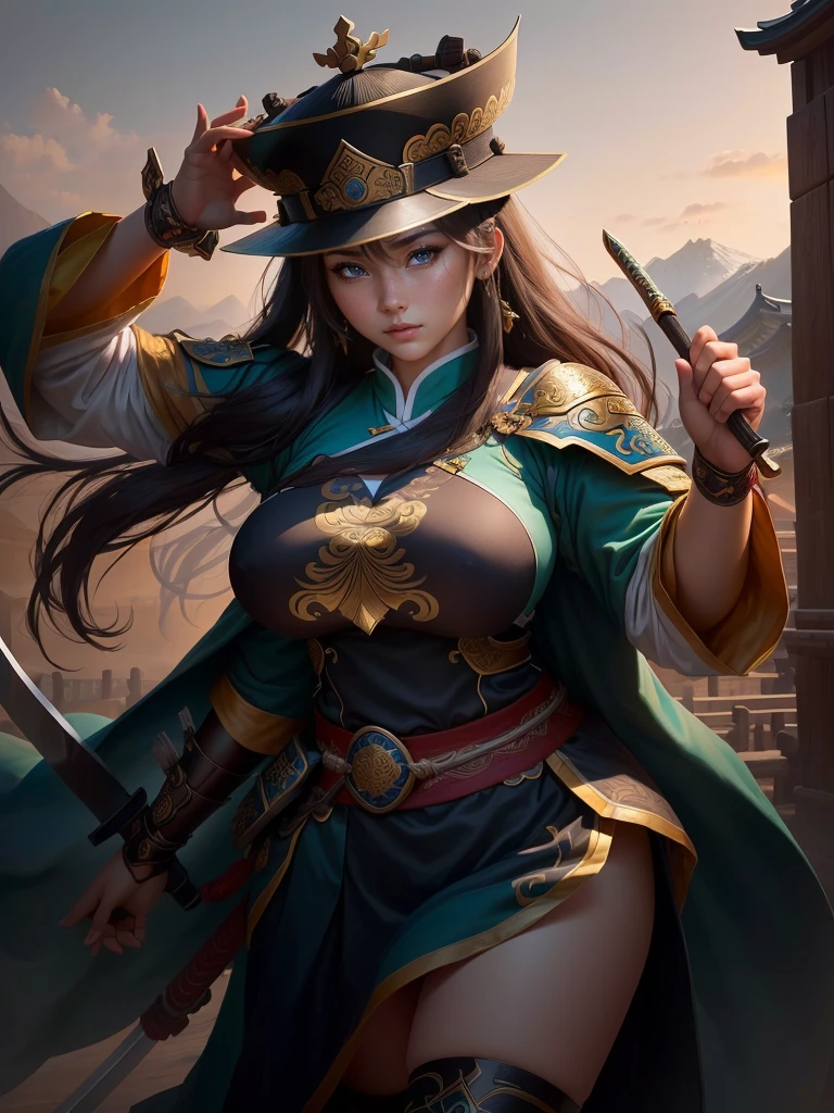 a woman with a bow and a bow in his hand, guan yu, bian lian, naranbaatar ganbold, inspired by Cao Zhibai, inspired by Hu Zaobin, inspired by Fan Kuan, inspired by Li Kan, ol, inspired by Huang Shen, by Qu Leilei, inspired by Jang Seung-eop, a close up of a girl with a sword and a hat, guan yu, inspired by Hu Zaobin, naranbaatar ganbold, masamune shiro, bian lian, mongmasamune, feng shu, inspired by Cao Zhibai, inspired by Huang Ding, genghis khan, inspired by Huang Shen, zhao yun, Highly detailed CG unit 8k wallpaper, masterpiece, High resolution, highest quality, highest quality real texture skin, Super Real, Digital Painting, Best image quality, 最High resolution, 8k, ((Highly detailed eyes and face, Beautiful eyes every detail)), 1girl, Full Body Shot, 1girl, Saggy breasts,y-dependent breasts, long ceavy chest, disproportionate breasts, huge breasts,g breasts, gigreasts, erect nip