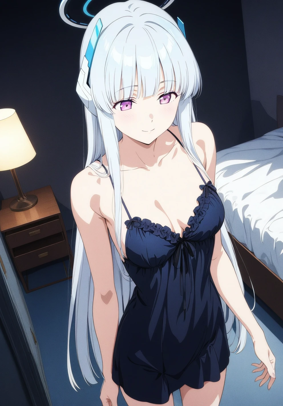 best quality, amazing quality, very aesthetic, absurdres, (1girl, noa, blue archive, solo, purpel eyes, white hair, medium breasts), (realistic face:0.9),(negligee long:1.8), (smile, night, thigh:1.3), (cowboy shot), (glowing eyes), (half closed eyes:0.9), (from above0.9), (official art:1.3), (high angle), expressive eyes, perfect face, 4k, extremely detailed anime illustration, extremely detailed eyes, perfect anatomy, light rays, extremely delicate body, smooth skin, (bedroom background:1.5), clear eyes, beautiful face, looking away,(anime style:1.7), (dark Light:1.5), (highres:2),
