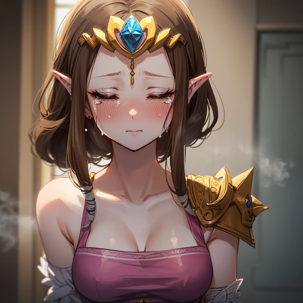 ((Enduring severe pain)),((Very detailed and beautiful face)),((Please show me your armpits)),((close up of face)),((((Exposed breasts)))),(((Reluctant)),((Exposed shoulders)),((((Upper Body)))),((Are crying)),,((alone))Anime art style,masterpiece,(Highest quality), (Very detailedな),(Very delicate and beautiful),(alone),(Detailed face ),(((片Close ~ eyes))),(((((Mature Woman,Queen))))),((Very beautiful portrait)),((crinoline)),,((Straight Long Hair),((Close ~ eyes)),((Close your mouth)),((Lewd)),((((ウェディングドレス))),((Embarrassed expression)),((Dark brown hair)),Blushing,Princess Zelda, ((Highest quality)), (Very detailed), ,(((constrained))),beauty,beautiful,Princess Zelda, ticker,)), ((steam)),nintendo, the legend of zelda,More blushing