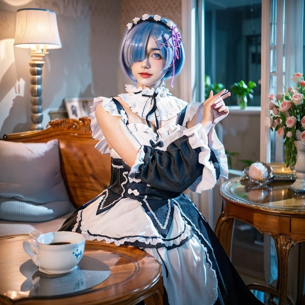 R_E_M, 1girl,(beautiful face:1.25) short blue hair, blue eyes, hair over one eye, hair ornament, pink hair ribbon, rem's maid uniform, detached sleeves, (realistic:1.7),((best quality)),absurdres,(ultra high res),(photorealistic:1.6),photorealistic,octane render,(hyperrealistic:1.2), (photorealistic face:1.2), (8k), (4k), (Masterpiece),(realistic skin texture), (illustration, cinematic lighting,wallpaper),( beautiful eyes:1.2),((((perfect face)))),(cute),(standing),((looking at viewer)),(dynamic pose:1.3), upper body, standing,indoors, living room, sofa, tables, window