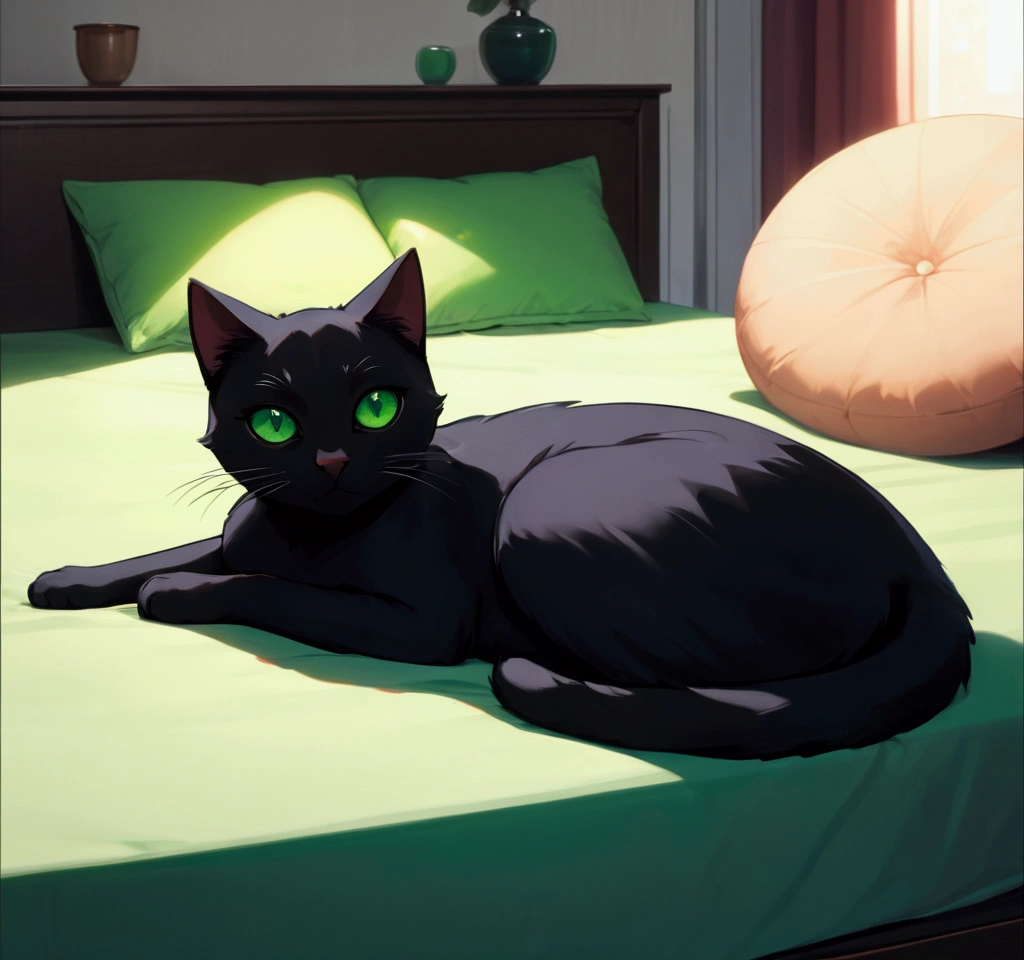 (masterpiece, best quality, vivid colors), An adult black cat with green eyes lying very comfortably on a bed with cushions,1cat female, (Alone), light green eyes, very detailed and beautiful eyes, ready gorda, making an adorable pose, anime screencap, the bottom is a room, high detail, high resolution, UHD, 4k, 8k