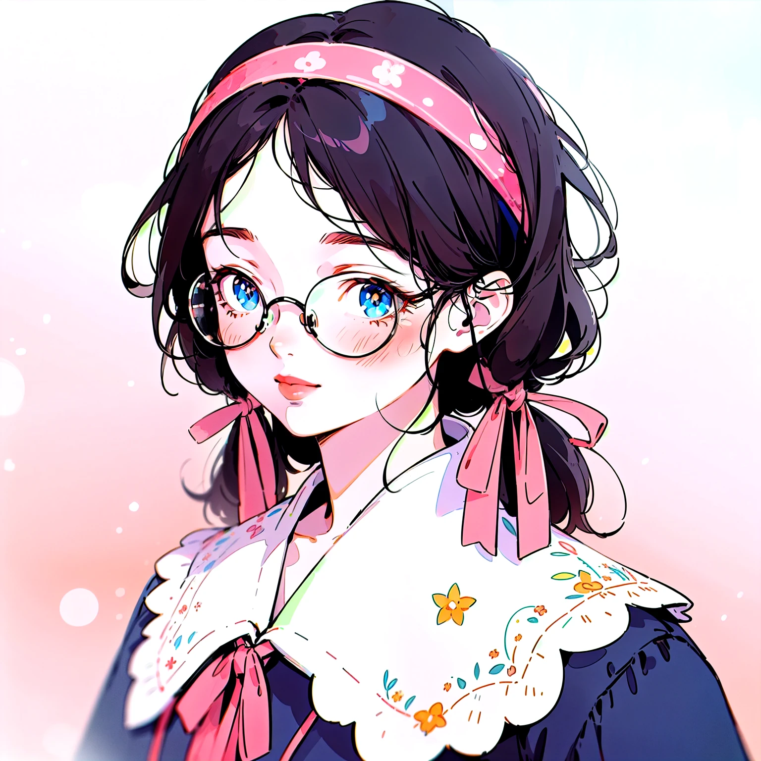 girl, Blue sky and white clouds, Wearing silver glasses, Happy, Happy, Reddish cheeks, Black Hair, Wearing a pink ribbon headband, Perfect quality, Clear focus (Clutter - Home: 0.8), (masterpiece: 1.2) (Realistic: 1.2) (Bokeh) (Highest quality) (Detailed skin: 1.3) (Intricate details) (8k) (Detail Eyes) (Sharp focus), (Happy)