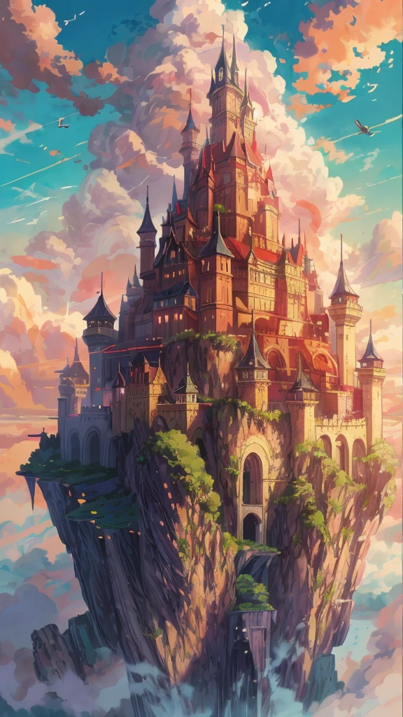 Anime castle floating in the sky against the background of the setting sun, Flying Cloud Castle, 空にFloating Palace, Giant floating castle, Castle in the Sky, Castle in the Sky style, Flying Castle, 天にFloating Palace, Cloud Palace, abandoned Castle in the Sky, Beautifully detailed fantasy, Fantasy Castle, high Fantasy Castle, Floating Palace