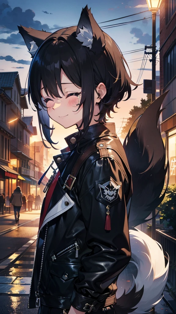 An anime illustration that is extremely precise, extremely drawn, extremely skilled, and extremely processed.、1. Juvenile、A cute boy like a beautiful girl、Wolf ears and wolf tail、Long black hair、Stop crying and smile、close your eyes、Trail of Tears、Pure、Punk Fashion、Lock、Leather outfit、