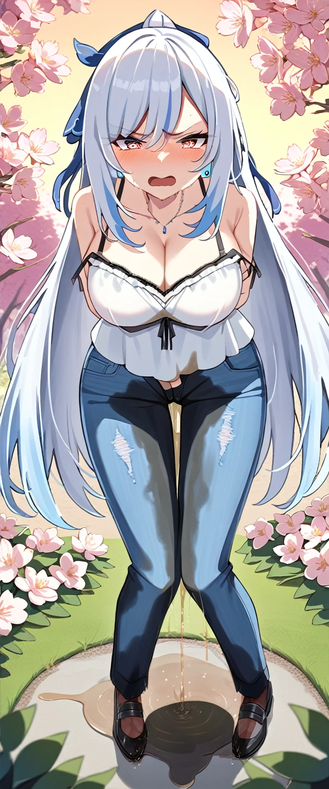 (masterpiece:1.37), best quality, (extremely detailed:1.37), (1girl:1.5), woman, (mature:1.5), (adult:1.5), jingliu, white hair, long hair, ponytail, hair ribbon, red eyes, earrings, jewelry, (jeans:1.25), (extremely detailed eyes:1.37), (wetting self:1.75), desperation, embarrassed, humiliation, blushing, (angry:1.5), cherry blossoms, garden, (golden hour:1.5), full body, arms crossed, from above