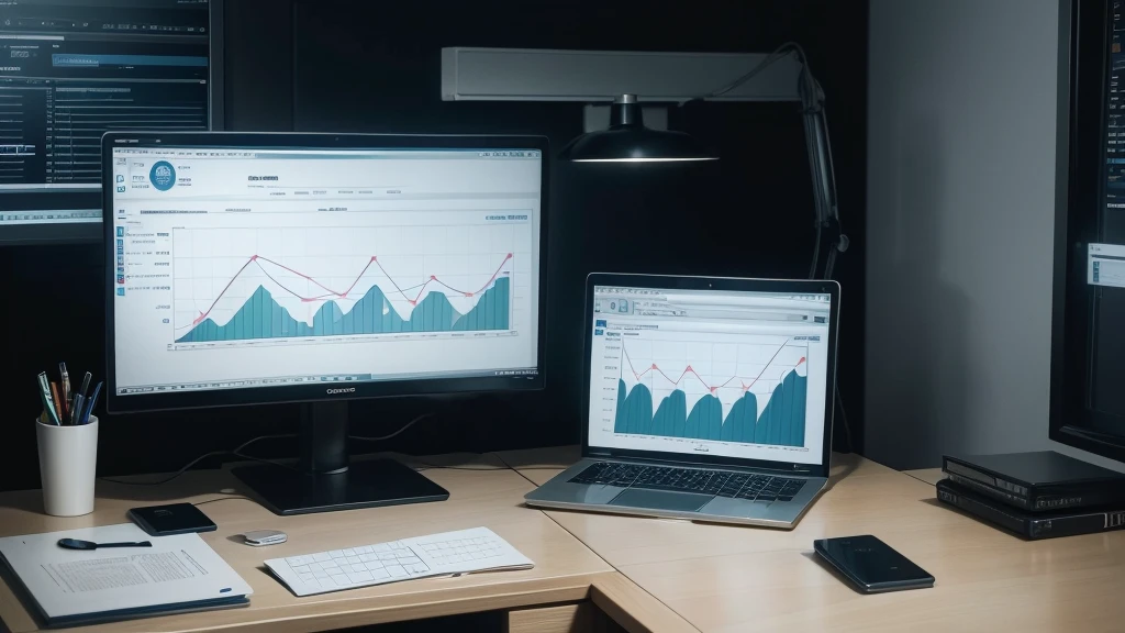 A detailed, high-quality computer screen displaying financial market graphs, 16:9 resolution, computer on a desk, notebooks with graphs on the desk, third-person perspective, (best quality,4k,8k,highres,masterpiece:1.2),ultra-detailed,(realistic,photorealistic,photo-realistic:1.37),cinematic lighting,studio lighting,vibrant colors,highly detailed graphs,sleek modern computer,professional financial analysis,elegant desk setup