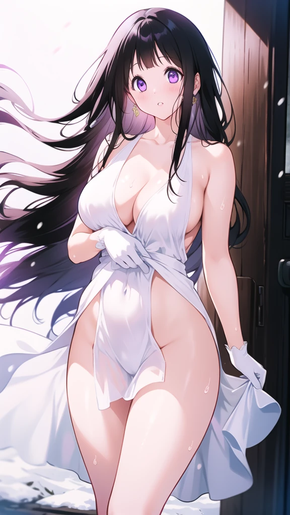 Amazing Chitanda, There is only one beautiful girl,Purple Eyes, Black Hair, Very red face,Very white skin,Glowing skin,Skin as delicate as porcelain,Naturally straight hair, Straight bangs,Extremely refined,Open lips,Long flowing hair,Beautiful Girl, Like a dream,Slim,Slim waist,Soft, (Sensual), (Kawaii), Dream quality,Beautiful big breasts,White transparent loose dress,Areola,Completely naked,Lower edge of breast,White gloves,Flower decoration,Deep V neckline,Loose neckline,Wide neckline,In school,The wind blows the hair,Place your hands on your inner thighs,Thighs clamp hands,Wet skin,Sweaty and sweaty,Sweating all over,On the snow,Back to,Hips,Side body,Gluteal groove,Completely naked的臀部,Bare back,Completely naked的背部,Light transmission,(no pants),nopan,pussy juice,Bare shoulders,There are no shoulder straps,Bare neck,Exposed collarbone,Exposing breasts,Exposing breasts侧面,Exposing breasts下面,Show your waist,Show your buttocks,Show your thighs,Exposing the groin,(No pants),extremely shy,Ultra-high resolution, (masterpiece:1.2, best quality), (Delicate and beautiful eyes: 1.2), (Beautiful and delicate face)