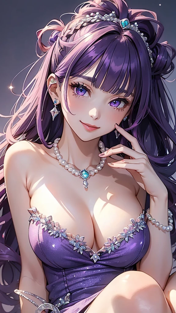 (((masterpiece, super high resolution, ultra HD, 8K quality))), (((woman in light blue evening dress / revealing dress))), (((purple hair, french updo))), (((beautiful sparkling purple eyes, pupils with highlights))), ((blunt bangs)), pink lips, sexy expression, ((highly detailed)), (perfectly detailed face), (detailed and carefully drawn hands), (((very large breasts, cute smile))), photorealistic image, silver earrings, pearl necklace, jade bangle, diamond ring
