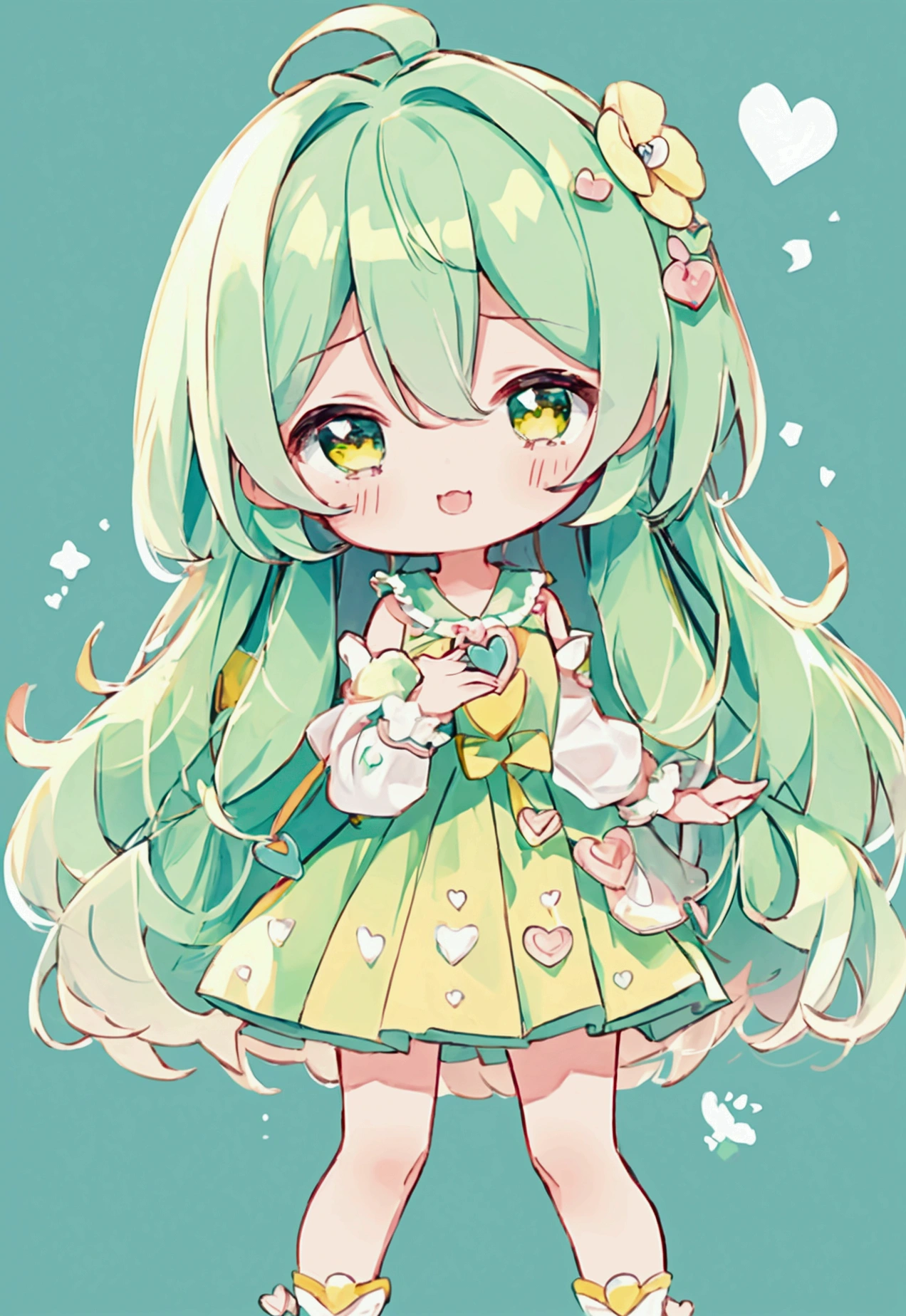Cute style chibi girl, heart, soft, colorful, delicate, Expressive, texture, sharp, green and yellow