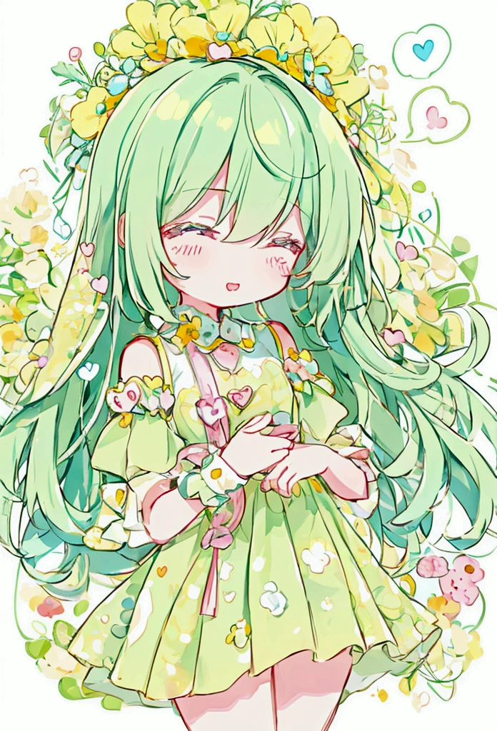 Cute style chibi girl, heart, soft, colorful, delicate, Expressive, texture, sharp, green and yellow