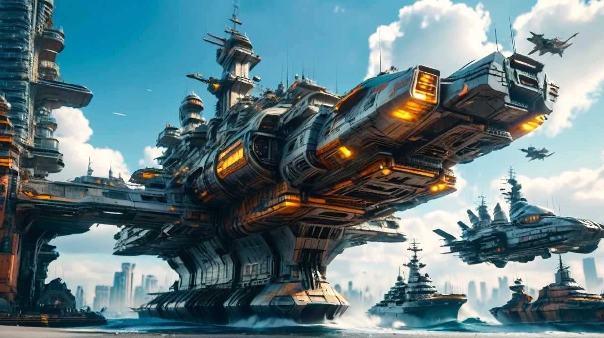 (high quality，Masterpiece，Extremely detailed，3d，8k:1.2) ，Future City，Surreal，Several warships in the air