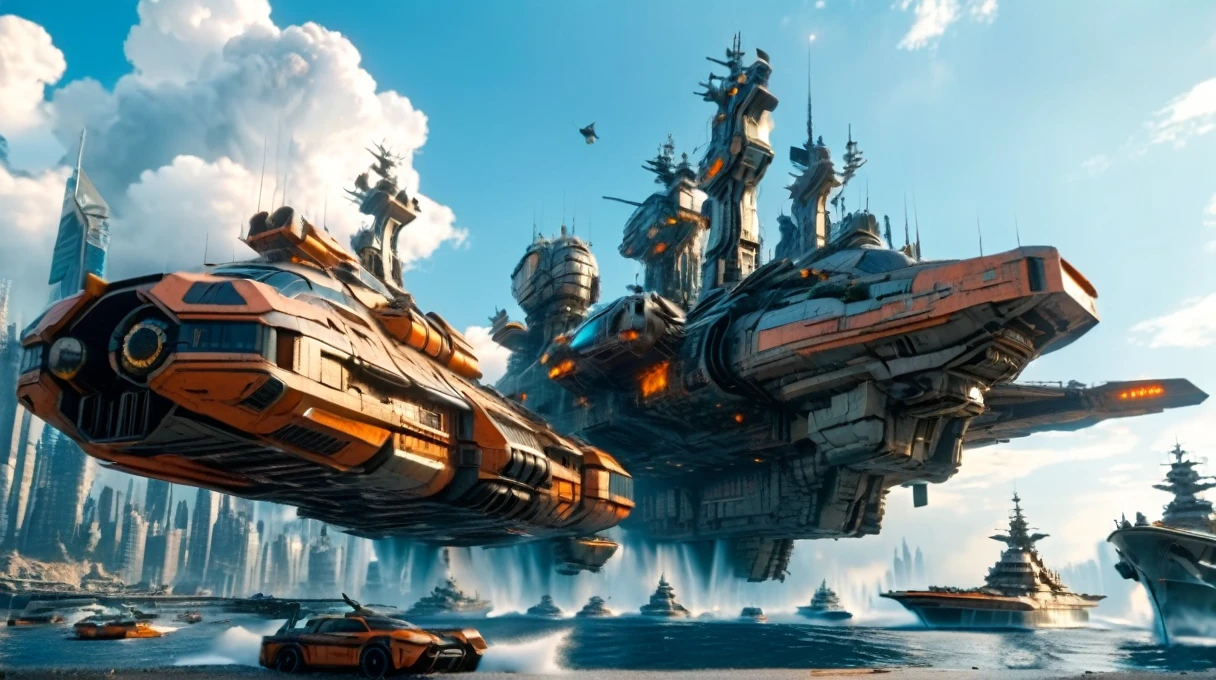 (high quality,Masterpiece,Extremely detailed,3d,8k:1.2) ,Future City,Surreal,Several warships in the air