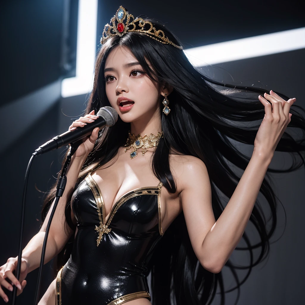 One girl, High resolution, Long Hair, Gaze, Black Hair, Headpiece, masterpiece, Highest quality, High-resolution model, Ultra high definition, Textured skin, Shiny Hair, Half-up hairstyle, chest, happiness/joy, Aperture F2.8, Singing on a microphone, Black costume, Cool women, Charisma, Cry of the soul