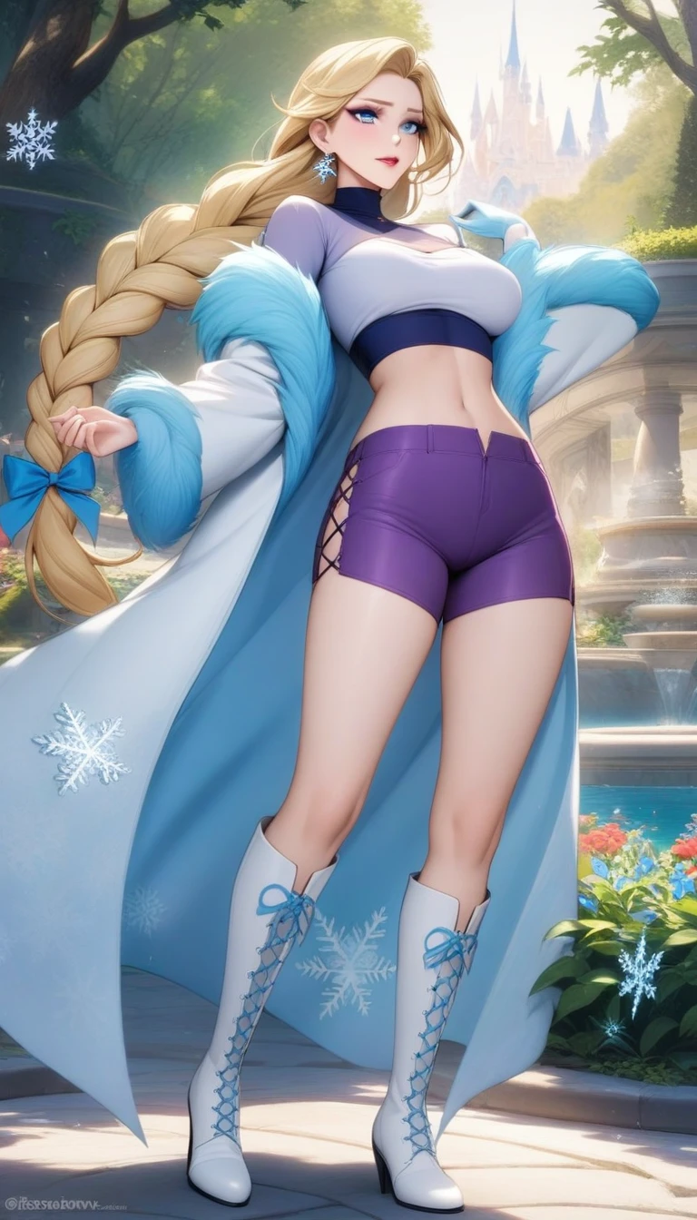 masterpiece, best quality, very aesthetic, absurdres, 1girl, mature_lady, ,elsa_(frozen), frozen_(disney), 1girl, blonde_hair, blue_eyes, braid, medium_breasts, single_braid, earrings, snowflake_earrings, eyeshadow, makeup, long_hair, very_long_hair,,crop_top, cross-laced_footwear, knee_boots, white_coat, fur-trimmed_coat, long_coat, purple_shorts,white_footwear,in garden,floating_hair,pussy_hair