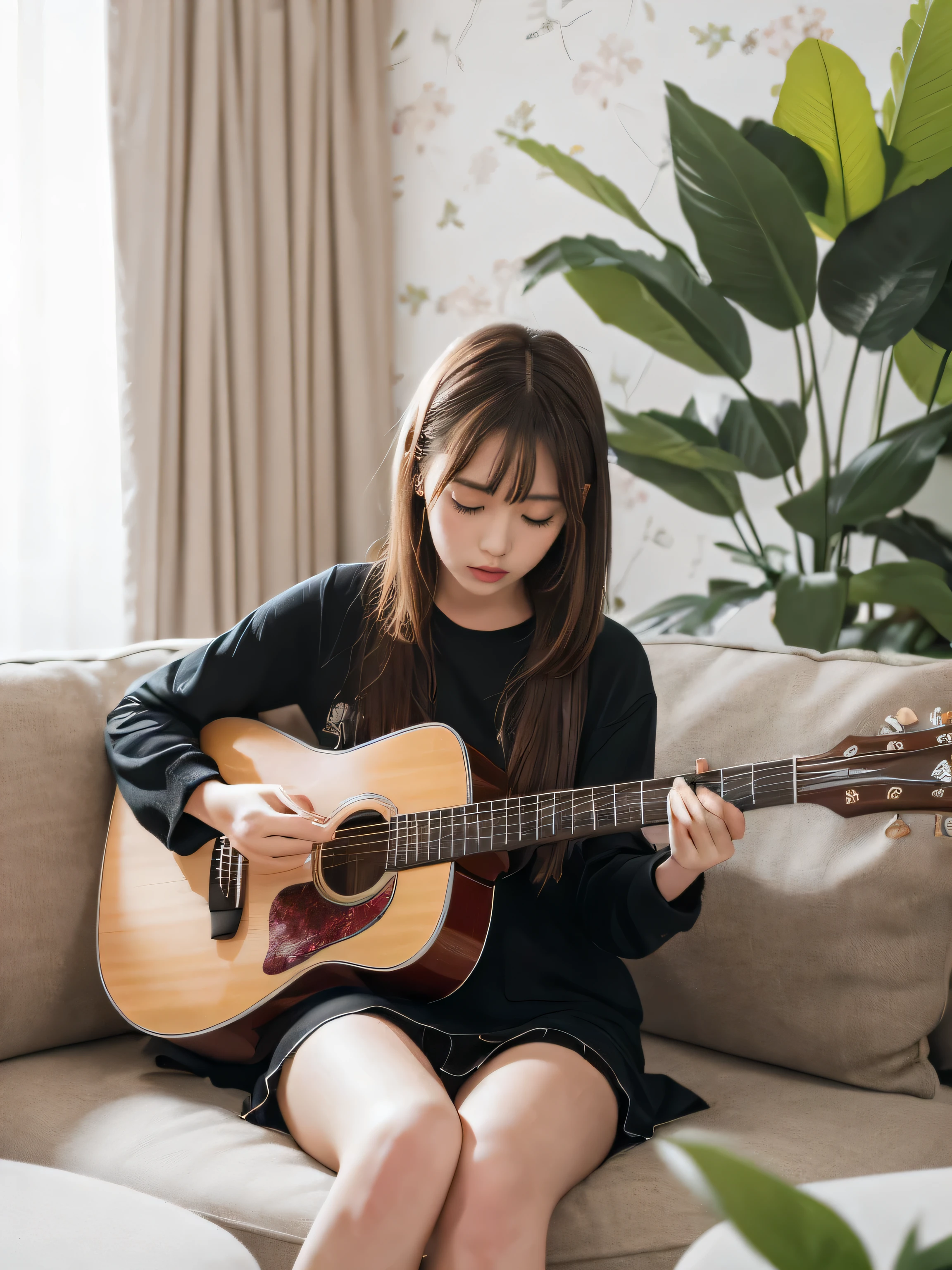 (8k, Raw photo, Highest quality, masterpiece:1.2), Masterpiece, Highest quality, figure, Very detailed, Fine details, High resolution, 8k,wallpaper, Perfect dynamic composition,(Detailed high quality,),The cutest girl is playing the guitar、In a room with white walls。Foliage plant、Sitting on the sofa