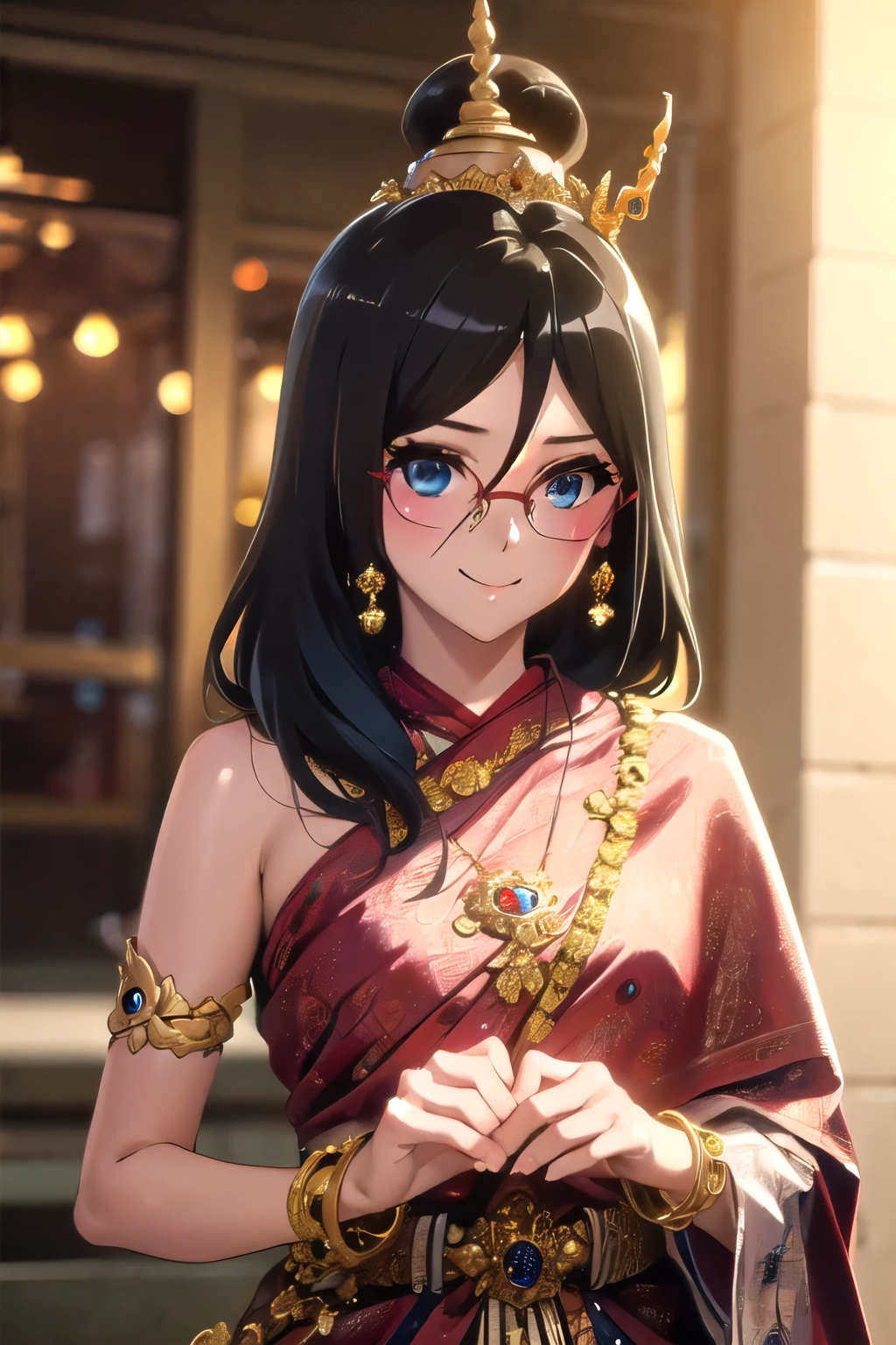 คุณภาพดีatสุด, Masterpiece, high res, alone, {Thanaka_Asuka_euphonium sound:1.15} black_hair, long_hair, glasses, light blue_eyes, Blush, red frame_glasses, Seraph, beyond the edge_glasses, semi borderless_glasses, hair_between_eyes, 1 girl, look_at_viewer, smile, ((Thai princess:1.3)),(Gorgeous thai costumes with รายละเอียดatซับซ้อน,ชุดatงดงาม,เครื่องประดับทองคำatงดงาม, รายละเอียดatซับซ้อน,luxury jewelry accessories,ขอบatงดงาม, รายละเอียดatซับซ้อน,Various gems:1.2),((Thai Buddhist Temple))