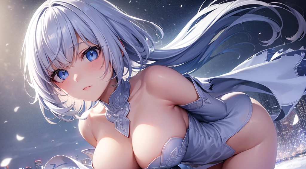 (best quality,4k,8k,highres,masterpiece:1.2),ultra-detailed,(realistic,photorealistic,photo-realistic:1.37),1girl,blue eyes, short hair, white hair, hair clips, hair pins, wearing white hoodies,city,winter snow,night,absurdres,high res, ultrasharp, 8K, masterpiece, looking at viewer, fantasy, magical, snowy rooftops, frosty breath rising, glowing streetlights, ethereal atmosphere, dreamlike, serene, quiet streets, distant city skyline, soft falling snowflakes, intricate details of the girl's face and outfit, delicate snowflakes on her eyelashes, mysterious expression, enchanting beauty, captivating gaze, snow-covered trees, blurred lights in the background, vibrant red contrasted against the white snow, mesmerizing scene, evoking a sense of wonder and magic. BREAK outdoors, city, BREAK looking at viewer, BREAK (masterpiece:1.2), best quality, high resolution, unity 8k wallpaper, (illustration:0.8), (beautiful detailed eyes:1.6), extremely detailed face, perfect lighting, extremely detailed CG, (perfect hands, perfect anatomy),