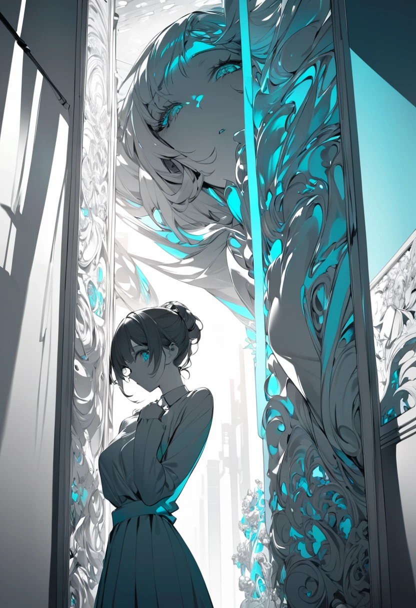 Monochrome Tiffany Blue, Highest quality, Super Fine, 16K, Unbelievably absurd, Very detailed, delicate and dynamic, pretty girl, Three-dimensional effect expressed through light and shadow, Eye-catching effect, modern art,
