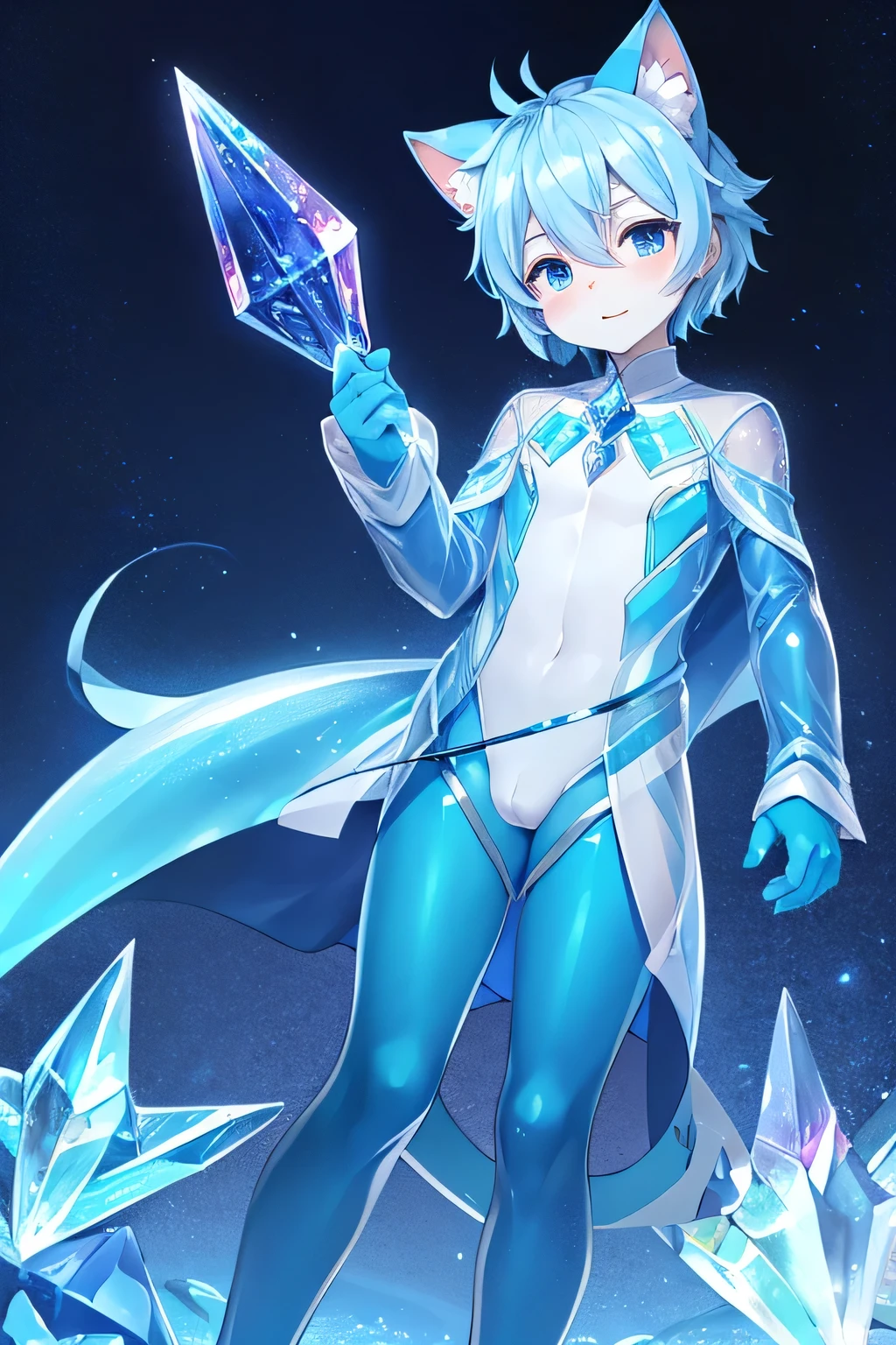 Little male cat,Boys,Has a tail,Lovely,Thin,struggle,eternal,crystal,Crystallization,Blue crystal,Blue slime,Feet become crystal,Hands turn into crystal,crystal spread feet,Crystal legs,crystal hand,illumination,freeze,freeze,Feet are frozen,charming,Boys ,蓝色Crystal legs,Wear tights,plastic,Full body portrait,Smooth,full-body tights,Thin,Blue gel coat,Full body gel coat,Blue gel coat,No clothes,Rubber Body