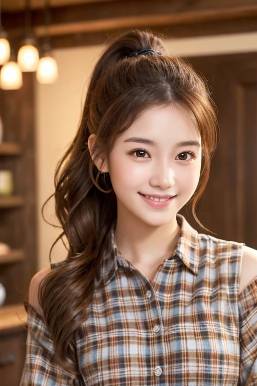 A young woman with shoulder-length, wavy brown hair tied in a loose ponytail、She is wearing a plaid shirt and a he is smiling brightly、Have a naturally glowing skin。The background is softly lit、Creating a warm and comfortable atmosphere。The overall mood is、It&#39;s bright and calm。Please use photo-realistic images。whole body。