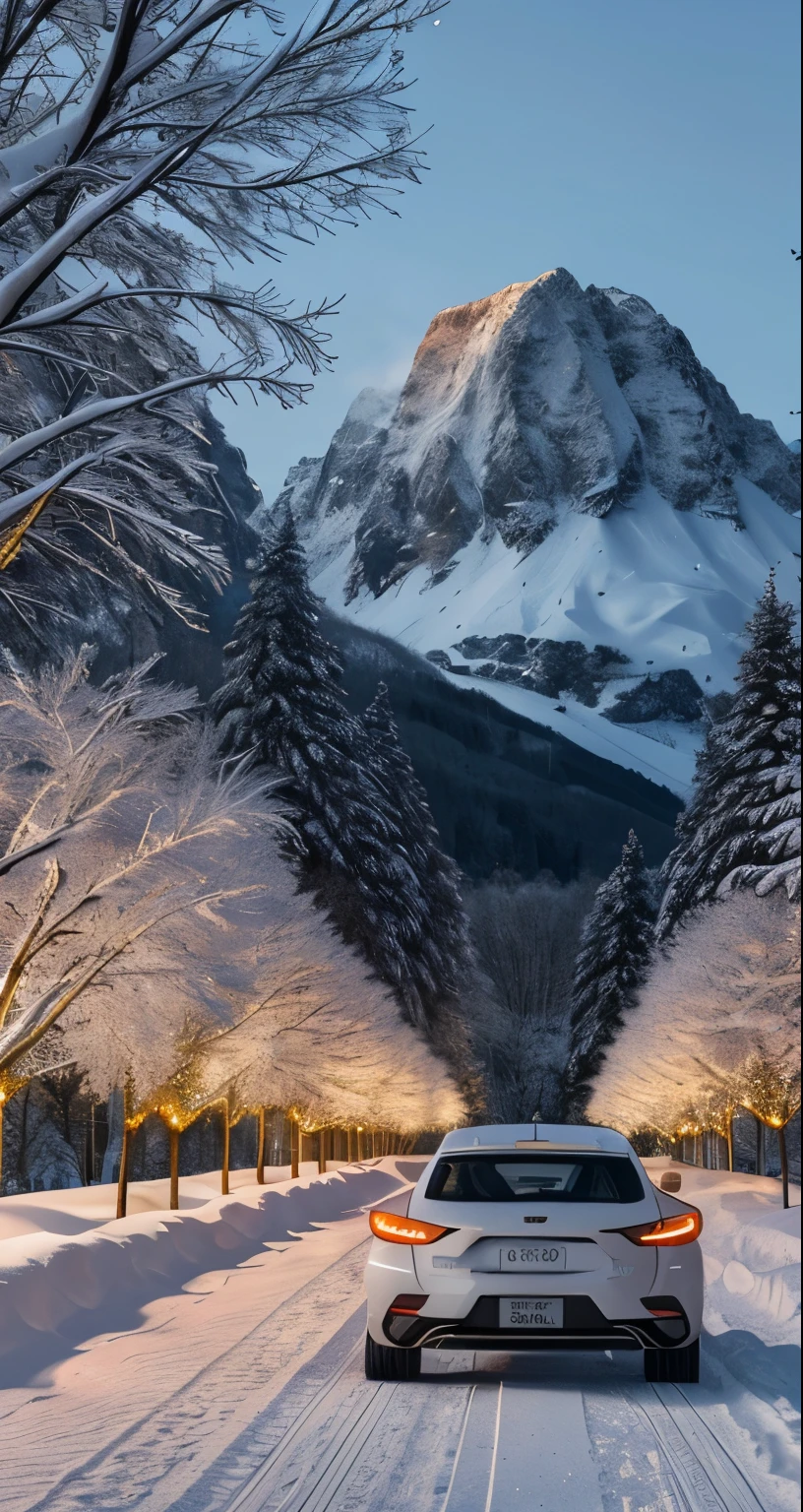 a winter landscape, mountains, trees, city, cars in snow, high quality, 8k, ultra-detailed, realistic, photorealistic, masterpiece, sharp focus, physically-based rendering, studio lighting, film grain, Fujifilm XT3, soft lighting, dslr