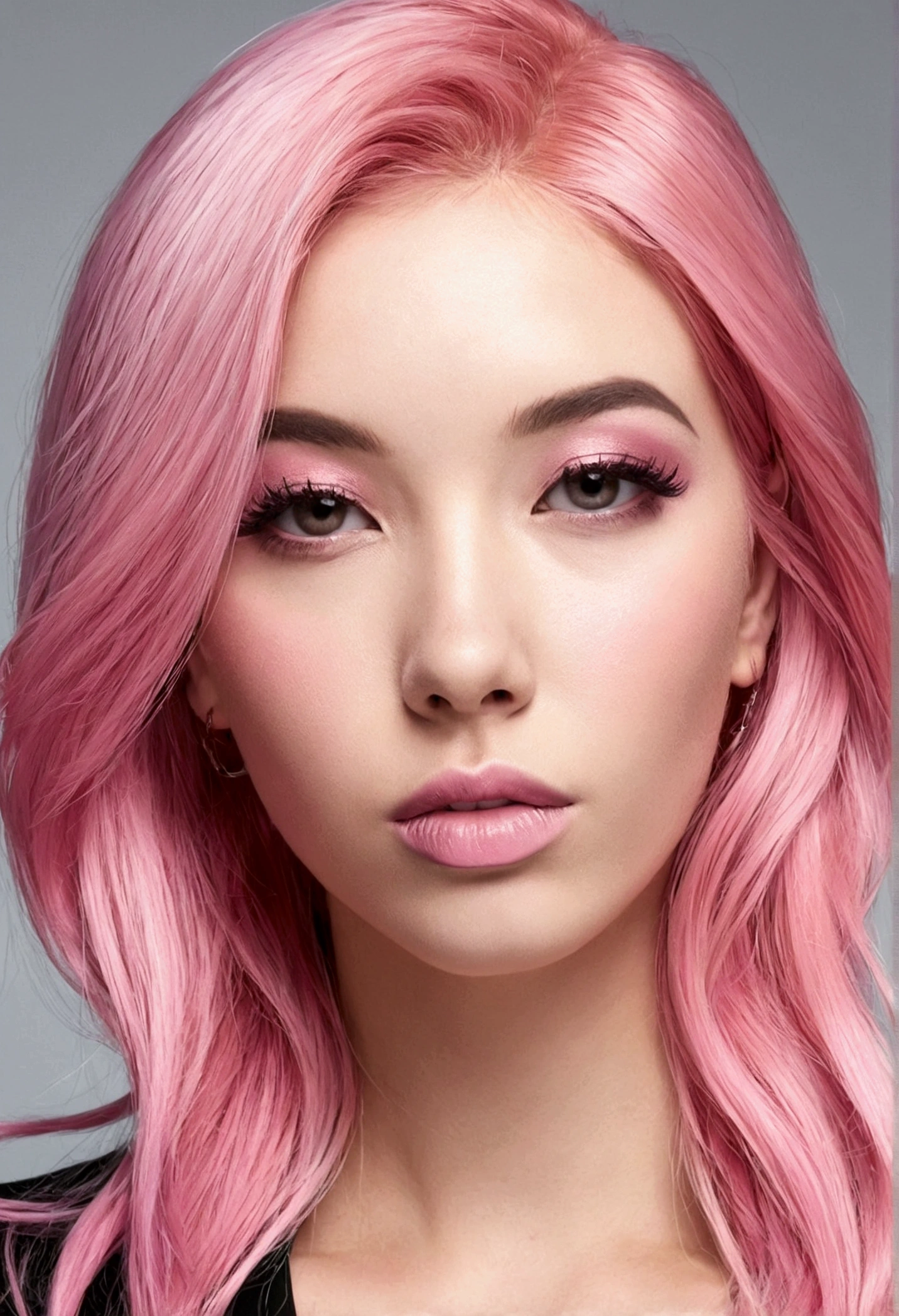 um close up de uma mulher com Pink Hair e um top preto, Pink Hair, Pink Straight Hair, Pink Hair claro, com Pink Hair, Pink Hair longo, long Bubble Gum Hair, Bubble Gum Hair, Pastel pink skin tone, 長く流れるようなPink Hair, Pink Hair claro longo, Pink Hair wispy, Pink Hair claro com chamas cor-de-rosa, Long hair in pastel colors, Eva Max, Not pajamas