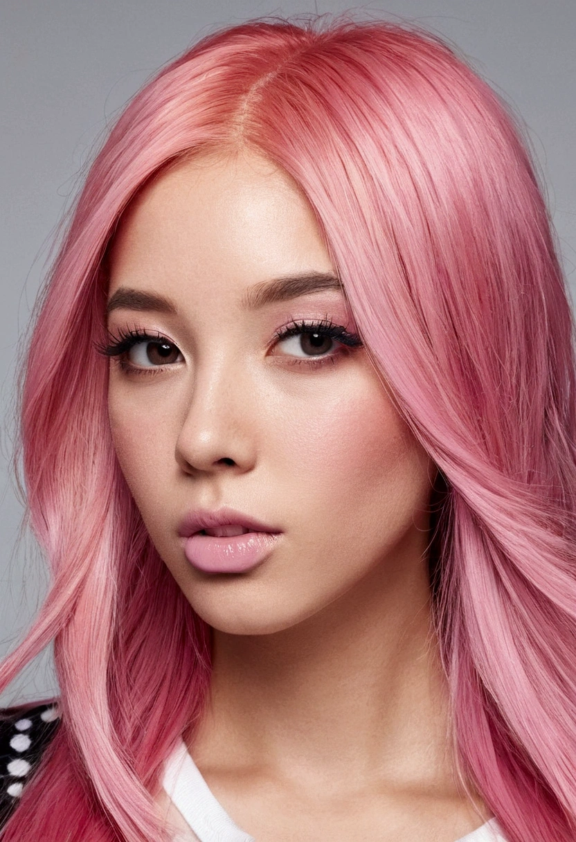 um close up de uma mulher com Pink Hair e um top preto, Pink Hair, Pink Straight Hair, Pink Hair claro, com Pink Hair, Pink Hair longo, long Bubble Gum Hair, Bubble Gum Hair, Pastel pink skin tone, 長く流れるようなPink Hair, Pink Hair claro longo, Pink Hair wispy, Pink Hair claro com chamas cor-de-rosa, Long hair in pastel colors, Eva Max, Not pajamas