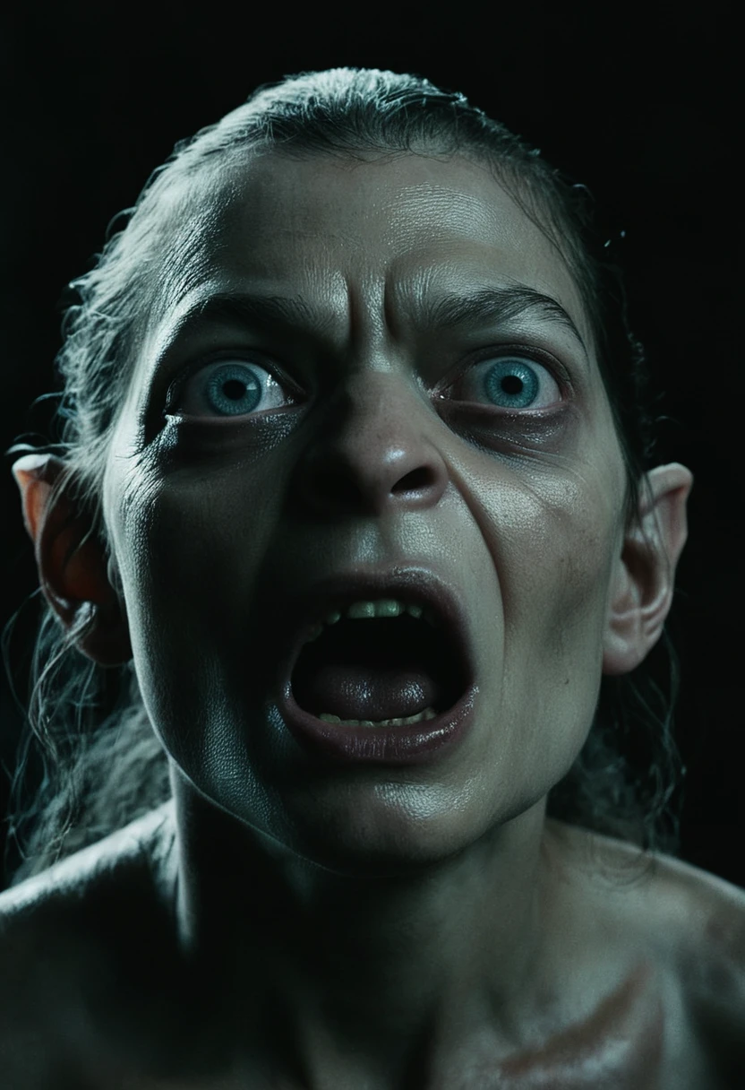 Horror-themed, From below, In a Fantasy Middle-earth world in the dark ages Gollum Smeagol Andy Serkis a close up of a person with a weird face surprise look,1girl,solo,looking at viewer,open mouth,teeth,portrait,realistic,old,horror (theme),old woman , dramatic light, dramatic shadow light, film contrast, cinematic film color, cinematic film look, filmic, realistic, realism, perfection, perfect, movie still, fantasy drama, epic drama, fictional, Age of Wonders, Age of Empires, warriors, Medieval style, middle ages, dungeons and dragons style, different people, different, unique, kingdoms and castles, violent, aggressive, detailed, perfection, detailed face, detailed body, detailed hands, detailed eyes, sharp, horror themed, dark themed, epic fantasy adventure film style, Legendary, mythical, The Lord of the Rings style, Eerie, unsettling, dark, spooky, suspenseful, grim, highly detailed