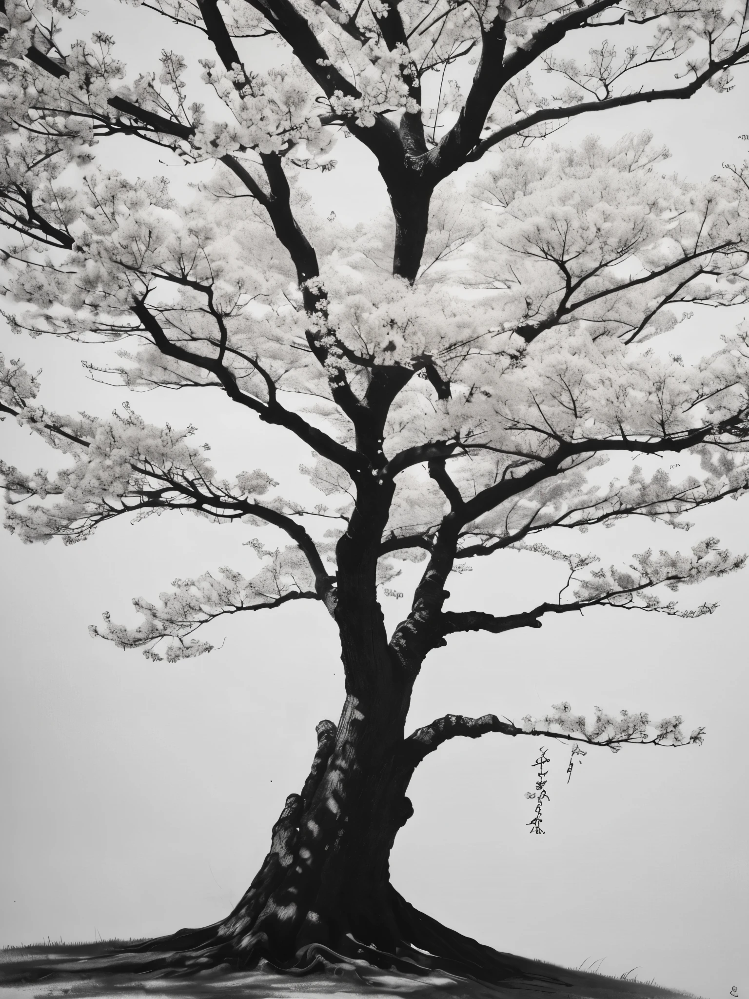 Penmanship,one cerry blossom big tree,monochrome,old painting,white background