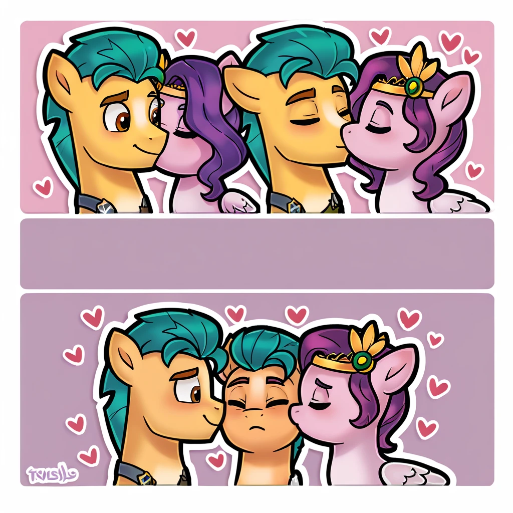 Score_9, score_8_up, 1girl, Pipp Petals, Pegasus, 1boy, Hitch Trailblazer, earth pony, mlp, G5, together, in love, kissing