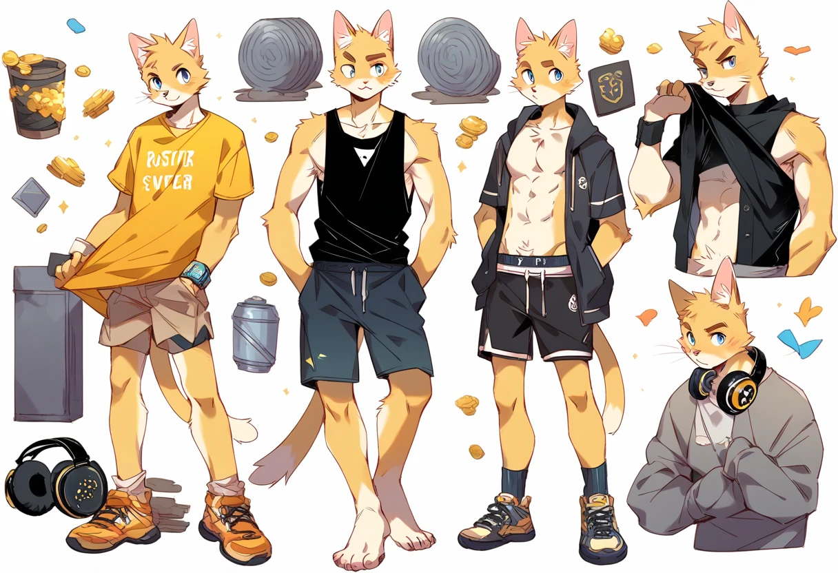 score_9, score_8_up, score_7_up, male, furry, high quality, hires, anthro, teenager, , domestic cat, bright yellow fur, blue eyes, wide brown eyebrows, confidant expression, humanoid feet, slim body, prominent v-line, prominent abs, prominent legs, prominent forearm, prominent knees, white background, treasure trail, armpit hair, furry legs, in 3 various sexy poses, headphones, casual clothes, joggers, black tank top, shorts, pull-ups, working out