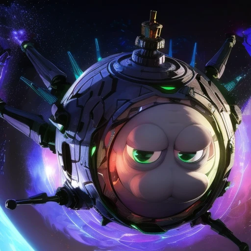 a robotic planet, round planet, with a white cat's face, covered with gray metal armor, symbol on the armor, a cylindrical robot on its head, blue holographic spikes levitating around it, in a space galaxy
