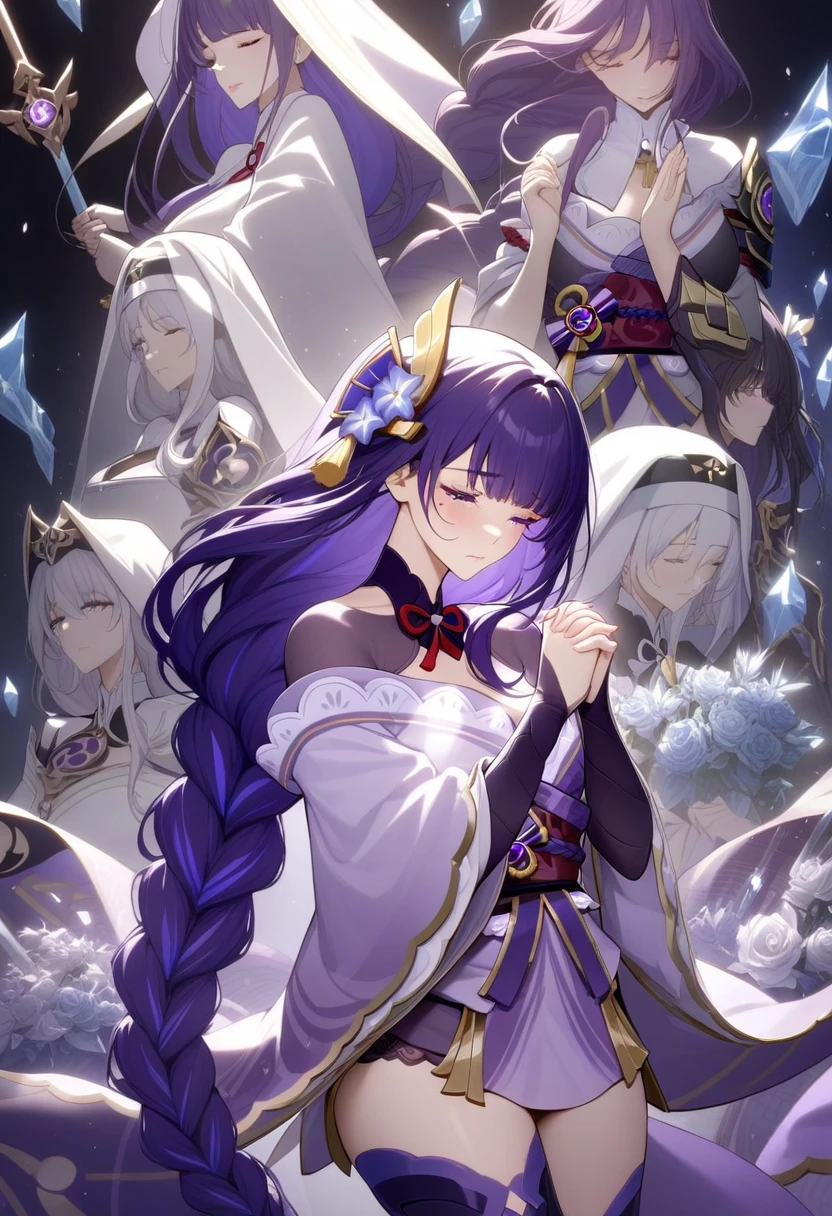 masterpiece, best quality, very aesthetic, absurdres, 1girl, mature_lady,nun_clothes,black_and_white_clothes, nun_headcovering crucifix, praying, interlocked fingers,closed_eyes,tears_in_eyes, head down,holy_light ,,raiden_shogun,raiden_shogun (genshin impact), dark purple hair, long hair, single braid, hair ornament, purple eyes,,rose,dark_background,  flower, ice_flower, icicle,,floating_clothes,