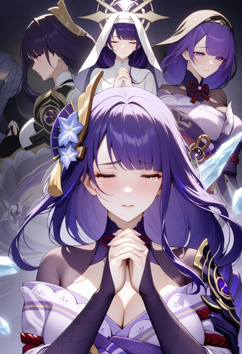 masterpiece, best quality, very aesthetic, absurdres, 1girl, mature_lady,nun_clothes,black_and_white_clothes, nun_headcovering crucifix, praying, interlocked fingers,closed_eyes,tears_in_eyes, head down,holy_light ,,raiden_shogun,raiden_shogun (genshin impact), dark purple hair, long hair, single braid, hair ornament, purple eyes,,rose,dark_background, flower, ice_flower, icicle,,floating_clothes,