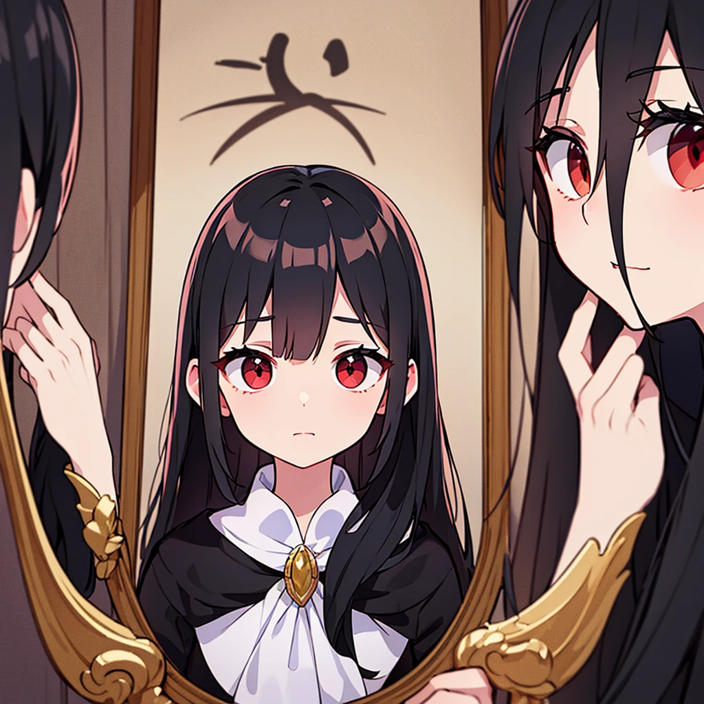 ((best quality)), ((masterpiece)), (detailed), Black hair,Red eyes,In the mirror,With an expression of envy and loss