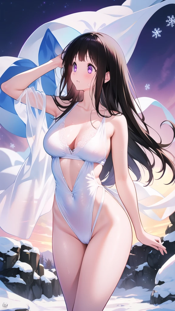Chitanda,只有一个beautiful girl,Purple Eyes, Black Hair, Natural straight hair, Straight bangs,Extremely refined,open your lips,Face is so red,Very white skin,Skin as delicate as porcelain,Glowing skin,big eyes,Flowing long hair,beautiful girl, Like a dream,Slim,Slim waist,Soft, (Sensual), (Kawaii), Dream quality,Sweaty and sweaty,Wet skin,Side breasts,snowflake,Playing in the snow on the snow mountain,Looking up,Looking up,Thighs clamp hands,It's covered in water,Hands reach into your pants,White transparent dress,Profile,(Completely naked),Gluteal groove,The outline of the breasts is visible through clothing,Completely naked的背部,nacked hip,very close,Deep V neckline,Loose neckline,Beautiful big breasts,No pants,nopan,no pants,Bare shoulders,There are no shoulder straps,Exposed collarbone,Delicate clavicle,Delicate hands and feet,Bare neck,There are no clothes around the neck,Bare thighs,Exposed groin,Camel toe,extremely shy,Ultra-high resolution, (masterpiece:1.2, best quality), (Delicate and beautiful eyes: 1.2), (Beautiful and delicate face)