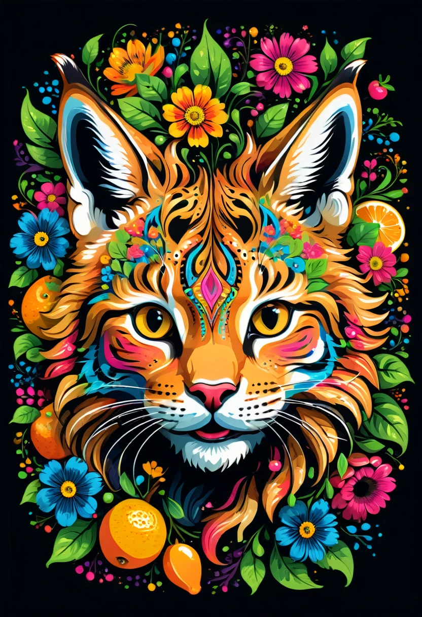 T-shirt designs, vectorial art, vectorised, colorful illustration of a little smiling lynx, At the center, swirly vibrant colors, flowers, fruits, high détail,black backdrop, T-shirt designs. 
(work of art, UHD quality, details in 16k, proffesional, perfect composition, very aesthetic, absurdrez, super verbose, details Intricate:1.3)