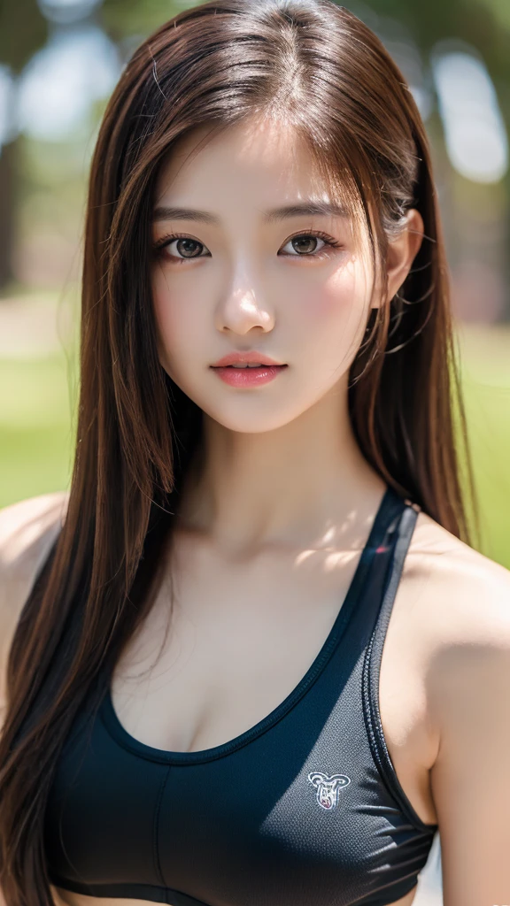 (best quality, 4K, masterpiece：1.3), 1girl, 18 years old, (perfect figure:1.4), dark brown hair, track pants, Wet body, gym room, Highly Detailed Face and Skin Textur, Detailed eyes, double eyelid, A half body, Look into the camera