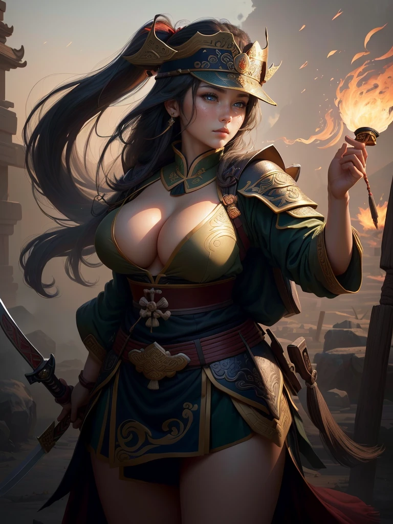 a woman with a bow and a bow in his hand, guan yu, bian lian, naranbaatar ganbold, inspired by Cao Zhibai, inspired by Hu Zaobin, inspired by Fan Kuan, inspired by Li Kan, mongol, inspired by Huang Shen, by Qu Leilei, inspired by Jang Seung-eop, a close up of a girl with a sword and a hat, guan yu, inspired by Hu Zaobin, naranbaatar ganbold, masamune shiro, bian lian, mongol, masamune, feng shu, inspired by Cao Zhibai, inspired by Huang Ding, genghis khan, inspired by Huang Shen, zhao yun, Highly detailed CG unit 8k wallpaper, masterpiece, High resolution, highest quality, highest quality real texture skin, Super Real, Digital Painting, Best image quality, 最High resolution, 8k, ((Highly detailed eyes and face, Beautiful eyes every detail)), 1girl, Full Body Shot, 1girl, Saggy breasts, Gravity-dependent breasts, long chest, Heavy chest, disproportionate breasts, huge breasts, sagging breasts, gigantic breasts, erect nipple, Cleavage, 