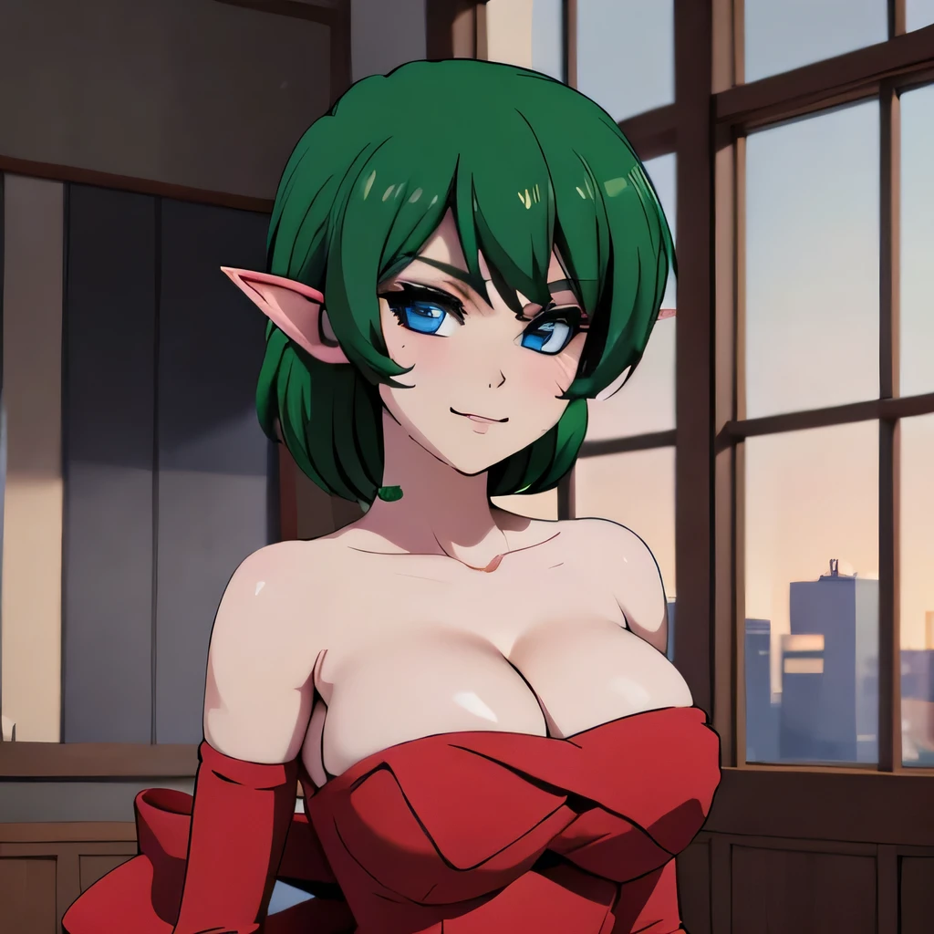  ((masterpiece,best quality,ultra-delicate,Perfect Face,16k,high resolution,very beautiful girl)),medium short green hair,Red strapless bodycon tube dress ,Red long arm sleeves,red high heels,Elf Girl,large Breasts,blue eyes,Beautiful smile:1.2,20 years old,cowboy shot