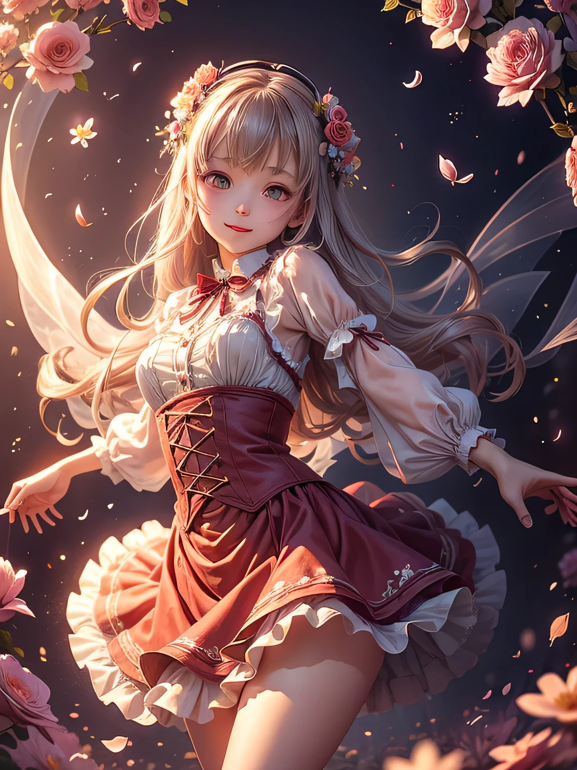 Lovely cute girl, Lots of flowers, Short Gothic ta clothing, beautiful Face, looks fun, As if spinning, Lift the hem of skirt with hands, Petals dancing in the wind, Rose flower, playful smile, Partially visible panties, vivid colors, castle in the distance, little upwards, 45 degree angle face, twinkl, (dreamlike fantasy), A large amount of petals fluttering down, (Floral Background), wide angle, Sweetie, Straight Hair, Perfect Face, 