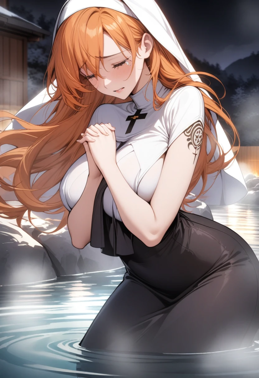 masterpiece, best quality, very aesthetic, absurdres, 1girl, mature_lady,nun_clothes,black_and_white_clothes, nun_headcovering crucifix, praying, interlocked fingers,closed_eyes,tears_in_eyes, head down,holy_light ,,nami_(one_piece), long_hair, orange_hair, grey_eyes, arm_tattoo, large_breasts,,in hot spring,Onsen,floating_hair,