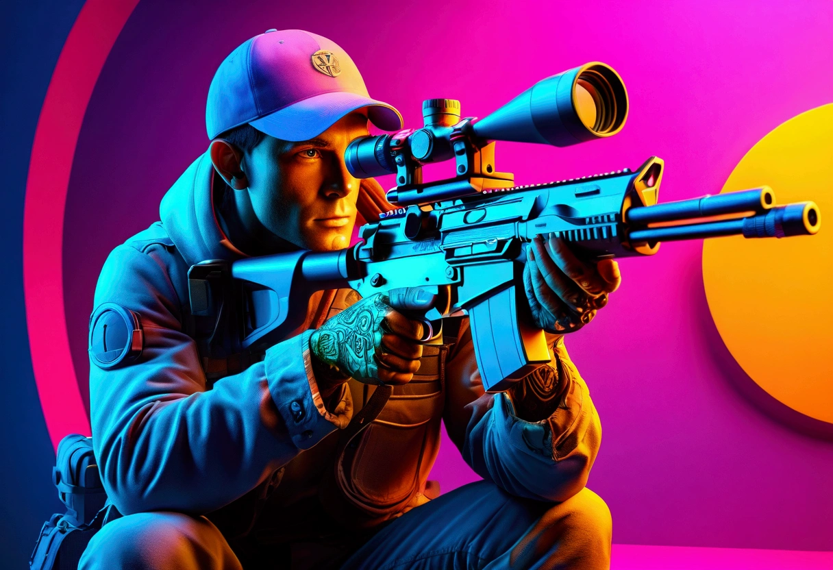 (Sniper), illustration of a aiming Sniper, Fauvism style, neon light, vibrant colors, soft shadows, cinematic lighting, sharp focus, high resolution, high quality, high details, octane rendering, volumetric lighting, global illumination, tone mapping, ultra wide angle, full body, award-winning, cinematic still, emotional, vignette, dynamic, vivid, (masterpiece, best quality, Professional, perfect composition, very aesthetic, absurdres, ultra-detailed, intricate details:1.3)