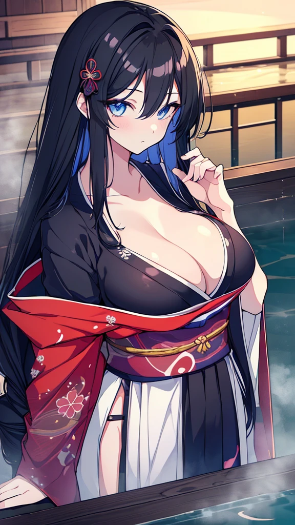best quality, extremely detailed,anime style girl,long hair down to the waist, straight hair, ((dark black hair with bluish)),braid,beautiful detailed eyes, pinched eyes, (dark blue eyes),huge breasts,curvy,kimono,clothing with complex patterns,hair ornament,((((hot spring)))),cool expression,pov
