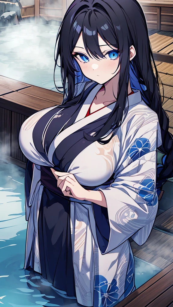 best quality, extremely detailed,anime style girl,long hair down to the waist, straight hair, ((dark black hair with bluish)),braid,beautiful detailed eyes, pinched eyes, (dark blue eyes),huge breasts,curvy,kimono,clothing with complex patterns,hair ornament,((((hot spring)))),cool expression,pov