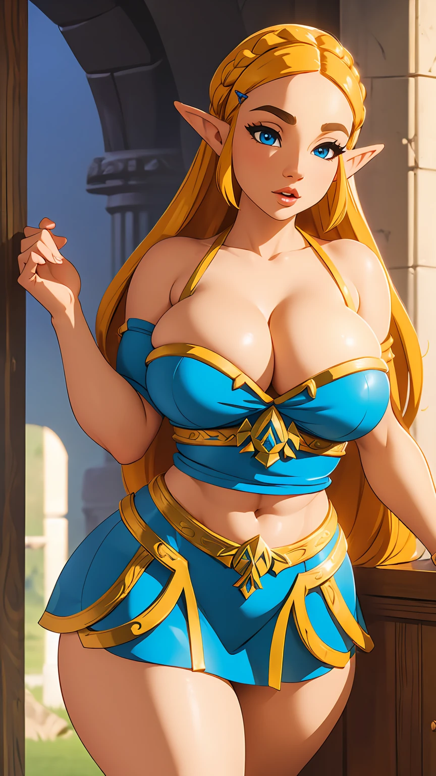 ((masterpiece)), ((best quality)), (detailed), perfect, solo, zelda, gorgeous woman, luscious lips, long hair, huge breast, deep cleavage, huge breasts, sexy, Zelda like a busty pornstar