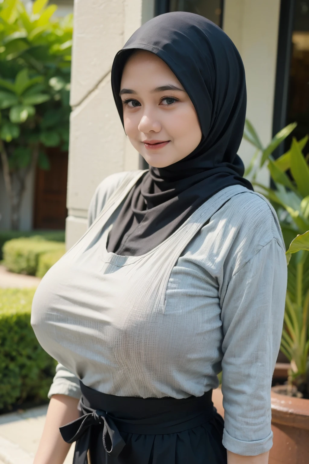 (((Old lady:1.6))), (((HIJABS Stylish))), adorable, 1 girl, (face to face), , baby face, happy, medium portrait, (face details: 1), (eye details:1), ((naked big breasts)). wearing transparent transparency mini apron, .. Cute posed. proportional body. Ultra High Res. realistic: 1.4, UHD , lace